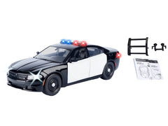2023 Dodge Charger Pursuit Police Car Black and White with Flashing Light Bar Front and Rear Lights and 2 Sounds "Builder's Kit" 1/24 Diecast Model Car by Motormax