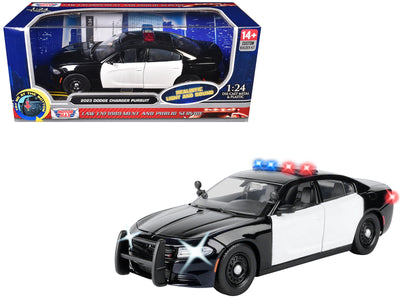 2023 Dodge Charger Pursuit Police Car Black and White with Flashing Light Bar Front and Rear Lights and 2 Sounds 